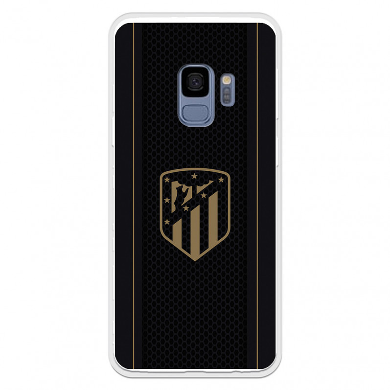 Atlético de Madrid Samsung Galaxy S9 Hülle mit goldenem Wappen und schwarzem Hintergrund – Offizielle Lizenz von Atlético de Mad