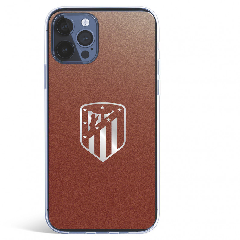 Atlético de Madrid iPhone 12 Pro Max Hülle mit silbernem Wappenhintergrund – offizielle Lizenz von Atlético de Madrid